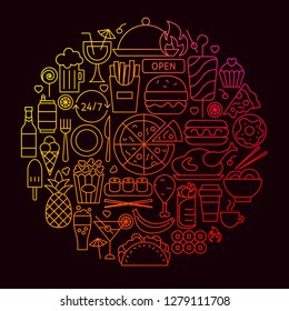 Fast Food Line Icon Circle Concept. Vector Illustration of Cafe Objects.