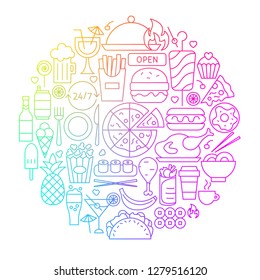 Fast Food Line Icon Circle Design. Vector Illustration of Objects Isolated over White.