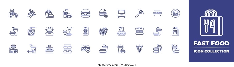 Fast food line icon collection. Editable stroke. Vector illustration. Containing burger, pizza, container, food, fast food, stand, truck, package, box, no junk food, hamburger.