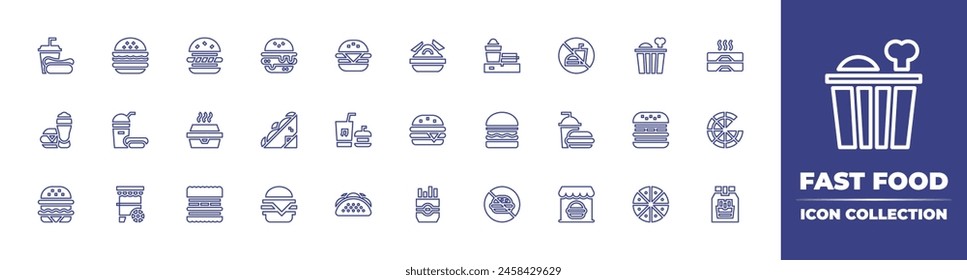 Fast Food Line Icon Kollektion. Bearbeitbarer Strich. Vektorillustration. Enthalten Tacos, Hamburger, Fast Food, Burger, Restaurant, Rindfleisch, Gericht, Lieferung, kein Junk Food, kein Essen, mitnehmen.