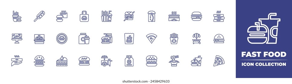 Fast food line icon collection. Editable stroke. Vector illustration. Containing cake, take away, fast food, no fast food, delivery, food stand, pizza slice, takeaway, burger, pizza, hamburger.