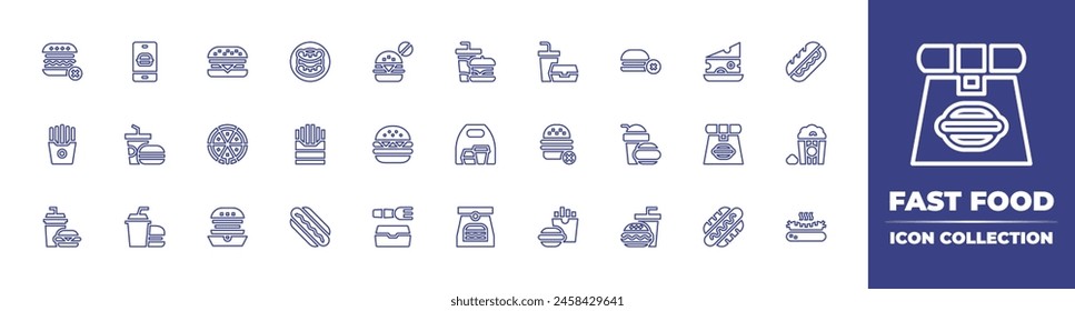 Fast food line icon collection. Editable stroke. Vector illustration. Containing package, burguer, fast food, no fast food, french fries, delivery, package, no junk food, burger, hotdog.