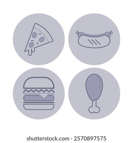 Fast food line icon collection. Hot dog, burger, chicken leg, pizza slice. Junk food, cafe, snack concept. Vector illustrations for web design and apps