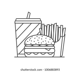 Fast Food line icon - drink, french fries and burger, vector eps10 illustration