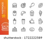 Fast food line icon set. Burger sandwich pizza hot dog cola coffee sweets