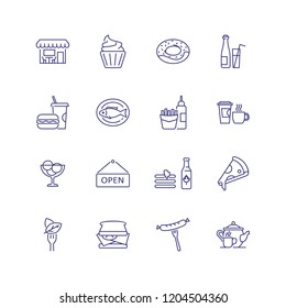 Fast food line icon set. Cupcake, sausage, fish. Eating concept. Can be used for topics like menu, cafe, restaurant meals