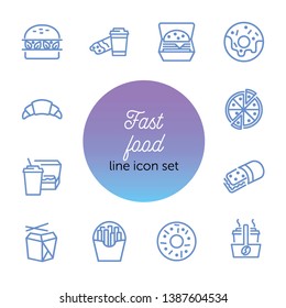 Fast food line icon set. Set of line icons on white background. Pizza, coffee, sandwich, burger. Food concept. Vector illustration can be used for topics like food, street cafe, snack