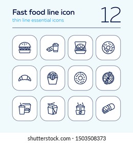 Fast food line icon set. Set of line icons on white background. Pizza, coffee, sandwich, burger. Food concept. Vector illustration can be used for topics like food, street cafe, snack