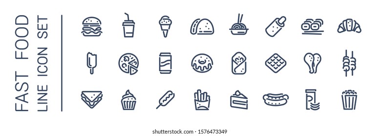 Fast food line icon set. Burger sandwich pizza hot dog cola coffee sweets