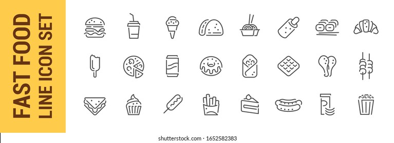 Fast food line icon set. Vector isolated burger sandwich pizza hot dog cola coffee sweets. Collection