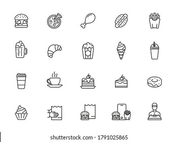 Fast food line icon set. Burger sandwich pizza hot dog cola coffee sweets