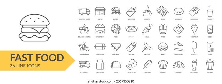 Fast food line icon set. Isolated signs on white background. Vector illustration. Collection