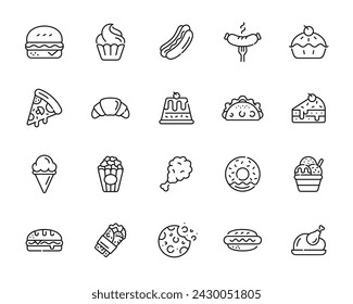 Fast food line icon set isolated on white background