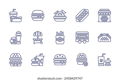 Fast food line icon set. Editable stroke. Vector illustration. Containing tacos, hamburger, fast food, no fast food, truck, stand, burger, fries, nachos.