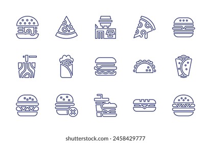 Fast food line icon set. Editable stroke. Vector illustration. Containing burger, burguer, no fast food, fast food, pizza slice, kebab, shawarma, hamburger, sandwich, pizza, taco, noodles.