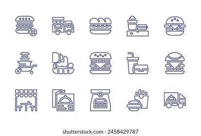 Fast food line icon set. Editable stroke. Vector illustration. Containing food menu, burger, fast food, truck, delivery, stall, no junk food, sandwich, take away, hamburger.