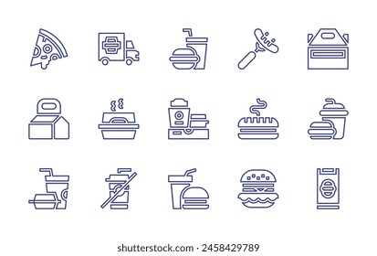 Fast food line icon set. Editable stroke. Vector illustration. Containing burger, food container, fast food, no fast food, take out, delivery, truck, order, box, hamburguer, sausage.