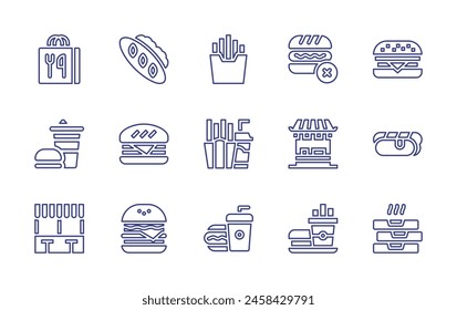 Fast food line icon set. Editable stroke. Vector illustration. Containing street food, fast food, no fast food, stall, box, burger, pizza, bread, hot dog.