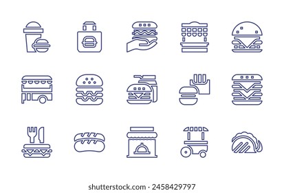 Fast food line icon set. Editable stroke. Vector illustration. Containing food truck, food, fast food, stand, street, store, tacos, burger, take away, hamburger, sausages.