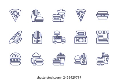 Fast food line icon set. Editable stroke. Vector illustration. Containing fast food, stall, truck, box, burger, pizza, bread, take away.