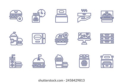 Fast food line icon set. Editable stroke. Vector illustration. Containing fast food, burger, no fast food, package, delivery, pizza, cheese, take away, hot dog, hamburger.