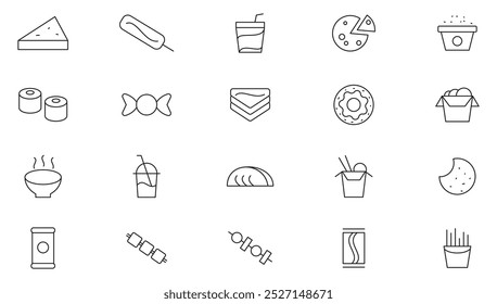 Fast Food line icon set. Takeaway, junk food, fast food, street food, restaurants, fruits, burger, pizza, coffee, sandwich line icon set. UI thin line icon