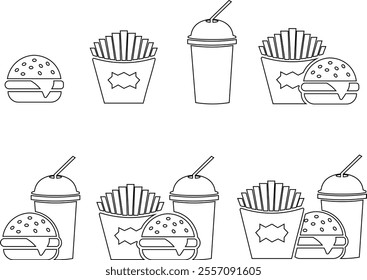 Fast food line icon set. Burger combo lunch french fries sauce salad soup and drink vector collection isolated on transparent background. Thin signs for restaurant menu silhouette image clip art