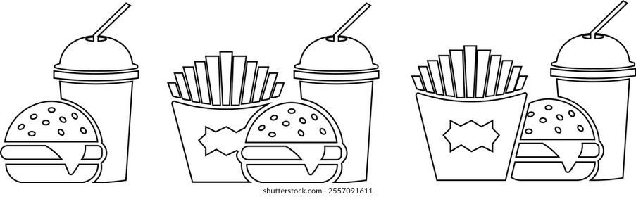 Fast food line icon set. Burger combo lunch french fries sauce salad soup and drink vector collection isolated on transparent background. Thin signs for restaurant menu silhouette image clip art