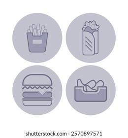 Fast food line icon set. Hamburger, French fries, fried potatoes, shawarma. Junk food, cafe, snack concept. Vector illustrations for web design and apps