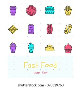 Fast food line icon set of 12 modern and stylish icons. Color version. EPS 10. Pixel perfect icons.