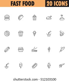 Fast food line icon set. Collection of high quality symbols of fast food for web design or mobile app. Thin line signs of burger, popcorn, ice cream, hot dog, noodles, sushi, etc. Set of simple logo