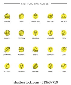 Fast food line icon set. Collection of high quality symbols of fast food for web design or mobile app. Thin line signs of burger, popcorn, ice cream, hot dog, noodles, sushi, etc. Set of simple logo