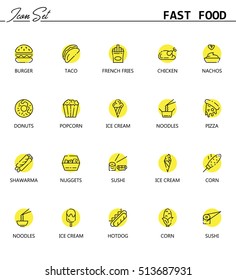 Fast food line icon set. Collection of high quality symbols of fast food for web design or mobile app. Thin line signs of burger, popcorn, ice cream, hot dog, noodles, sushi, etc. Set of simple logo