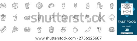 Fast food line icon set featuring burger, pizza, fries, chicken, soda, restaurant, and takeaway. Professional editable vector illustration.