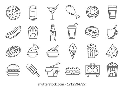 Fast food line icons. Cafeteria snack, sandwich, drink, pizza, hamburger and hotdog. Outline takeaway dishes and cafe menu symbol vector set. Ice cream and french fries, asian noodles