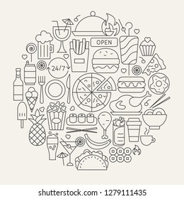 Fast Food Line Icons Circle. Vector Illustration of Cafe Outline Objects.