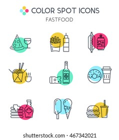 Fast food line icons. Different types of delivery elements and illustrations in trendy linear style. For cafe, web, print, business.