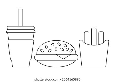 Fast food line icons. French fries, hamburger, beverage. Vector illustration isolated on white background.