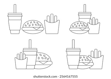 Fast food line icons. French fries, hamburger, beverage. Vector illustration isolated on white background.