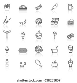 Fast food line icons with reflect on white background, stock vector