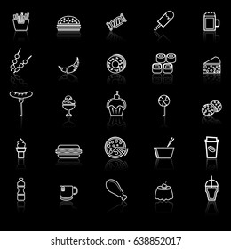 Fast food line icons with reflect on black background