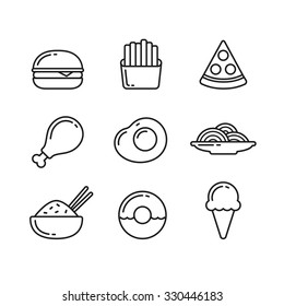 Fast food line icons. Restaurant and cafe meals and desserts. Vector illustration in thin outline style.