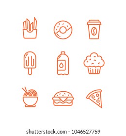 Fast food line icons. Set of linear fast food, junk food, unhealthy eating for logo isolated on white background. Vector illustration