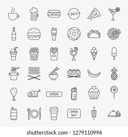 Fast Food Line Icons Set. Vector Thin Outline Cafe Symbols.