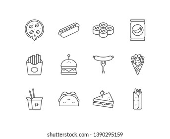 Fast food line icons set with pizza, hotdog, sushi rolls, chips, French fries, hamburger, sausage, fish, Thai noodles box, tacos, sandwich, burritos.