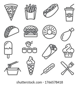 Fast food line icons set on white background