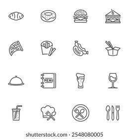 Fast food line icons set, outline vector symbol collection, linear style pictogram pack. Signs, logo illustration. Set includes icons as burger, sandwich, food menu, soft drinks, beer, french fries