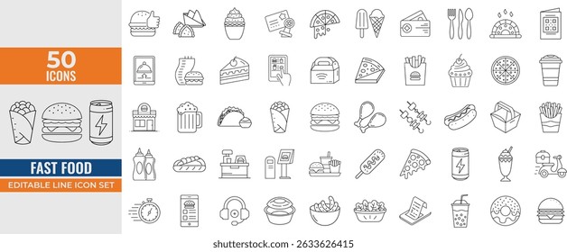 Fast Food Line Icons Set – Editable Vector Illustrations of Restaurant Menu Items Including Burger, Pizza, Hot Dog, Fries, Donut, Ice Cream, Coffee, Beer and More