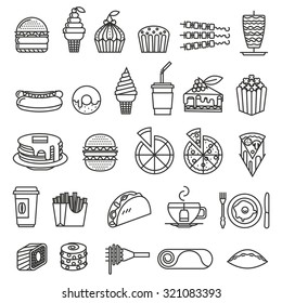 Fast Food Line Icons Set, Food And Drink. Hamburger, Hot Dog, Pizza, Donut, Sweets, Rolls, Shawarma, Cake, Ice Cream, Burrito, Coffee.