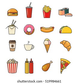 Fast food Line Icons Set. Outline flat design.